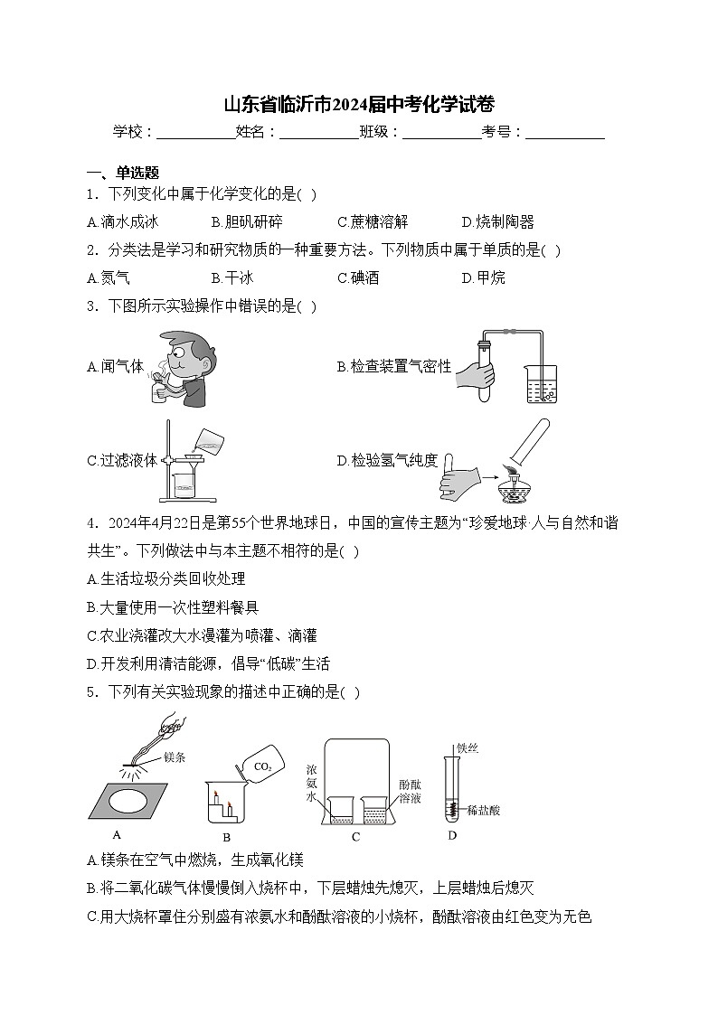 山东省临沂市2024届中考化学试卷(含答案)01