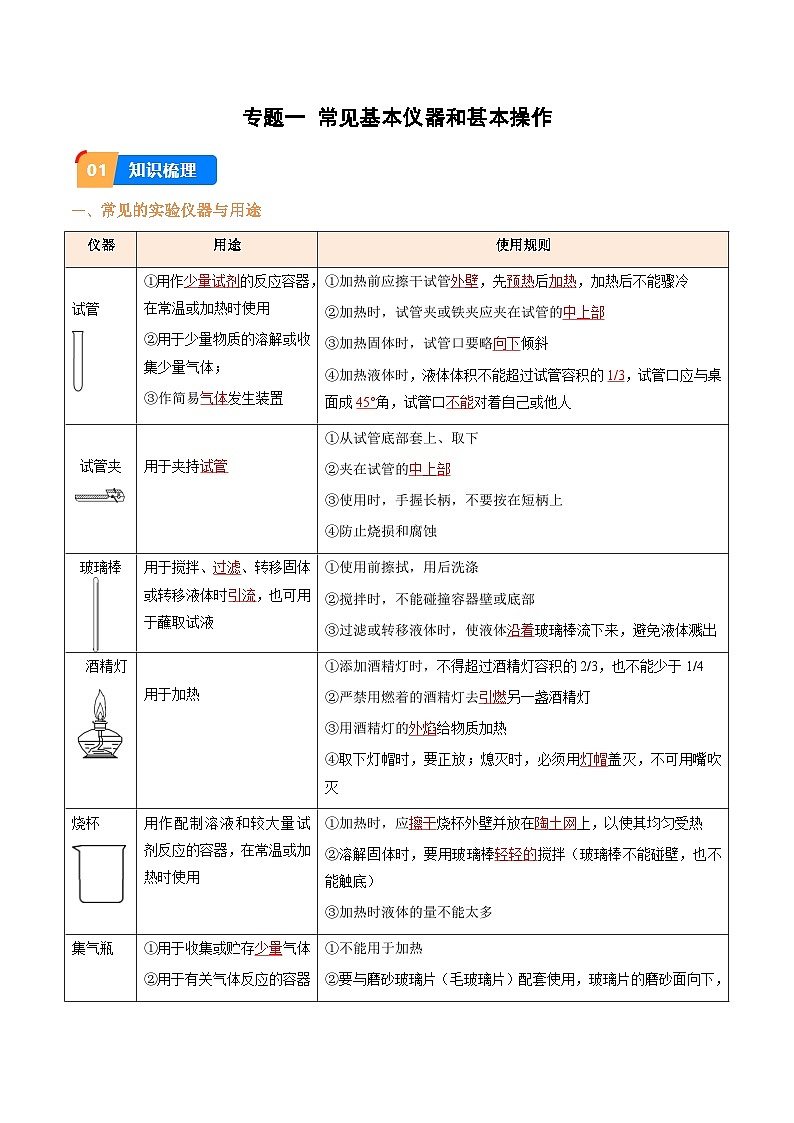 专题1 常见基本仪器和甚本操作（解析版）【实验攻略】备战2024年中考化学实验 第1页