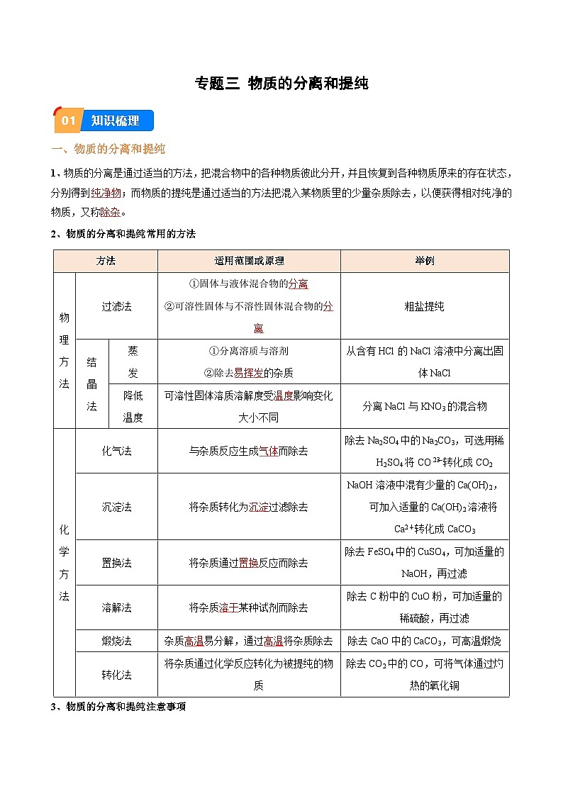 专题3 物质的分离和提纯（含答案）【实验攻略】备战2024年中考化学实验01