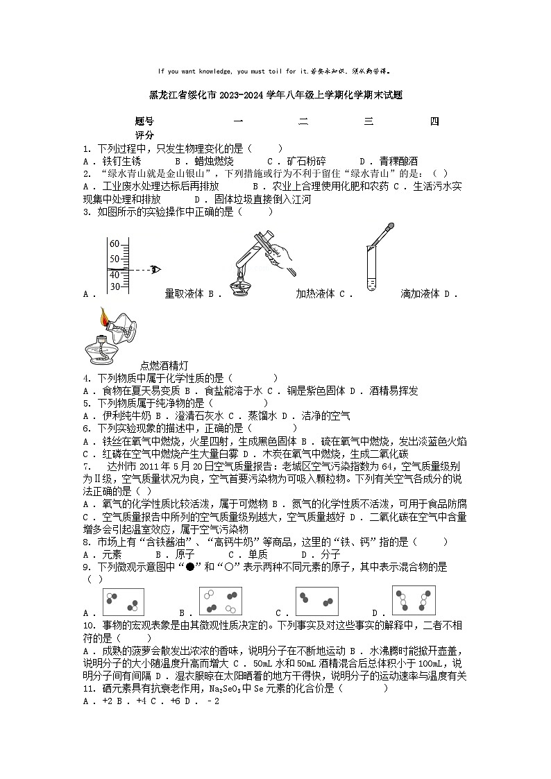 [化学][期末]黑龙江省绥化市2023-2024学年八年级上学期化学期末试题01