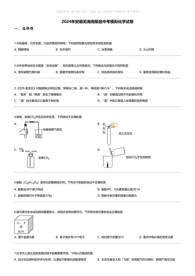 [化学]2024年安徽芜湖南陵县中考模拟化学试卷第1页