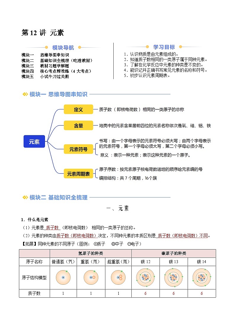 第12讲 元素-九年级上册化学新教材讲义（人教版2024）01