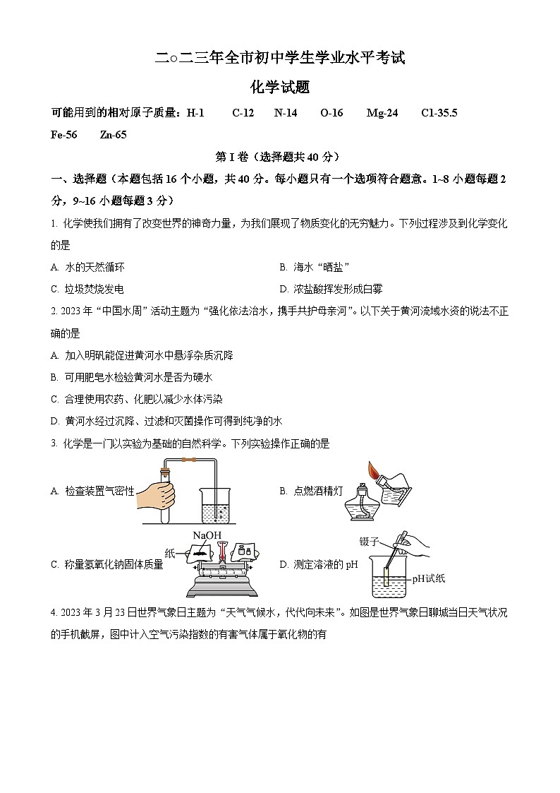 2023年山东省聊城市中考化学真题试卷（解析版）01