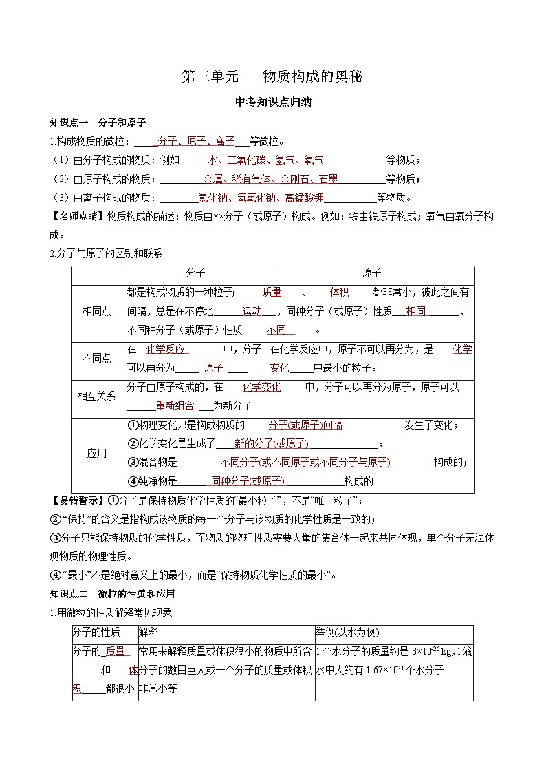 第三单元 物质构成的奥秘-【大单元复习】2024年中考化学一轮复习必考知识梳理与考法点拨（人教版）（教师版）第1页