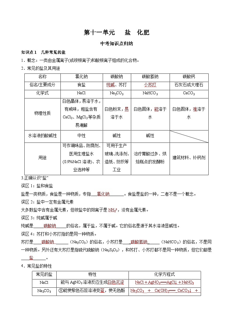 第十一单元 盐 化肥-【大单元复习】2024年中考化学一轮复习必考知识梳理与考法点拨（人教版）（教师版）第1页