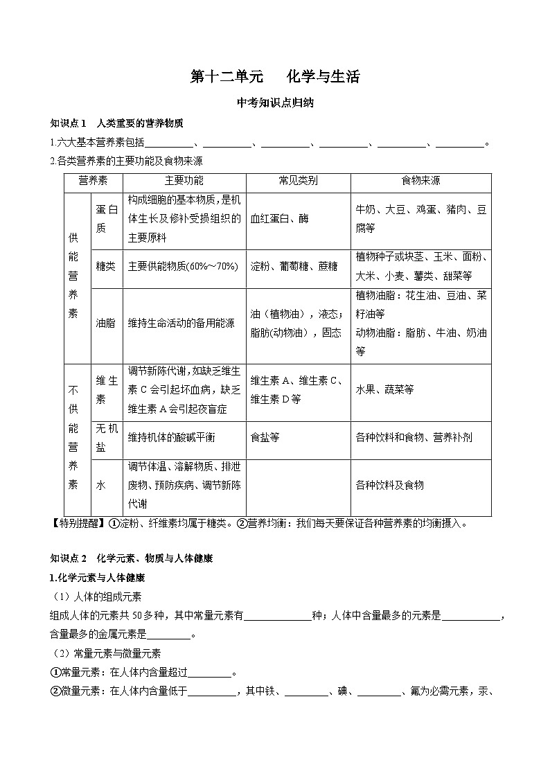 第十二单元 化学与生活-【大单元复习】2024年中考化学一轮复习必考知识梳理与考法点拨（人教版）（学生版）第1页