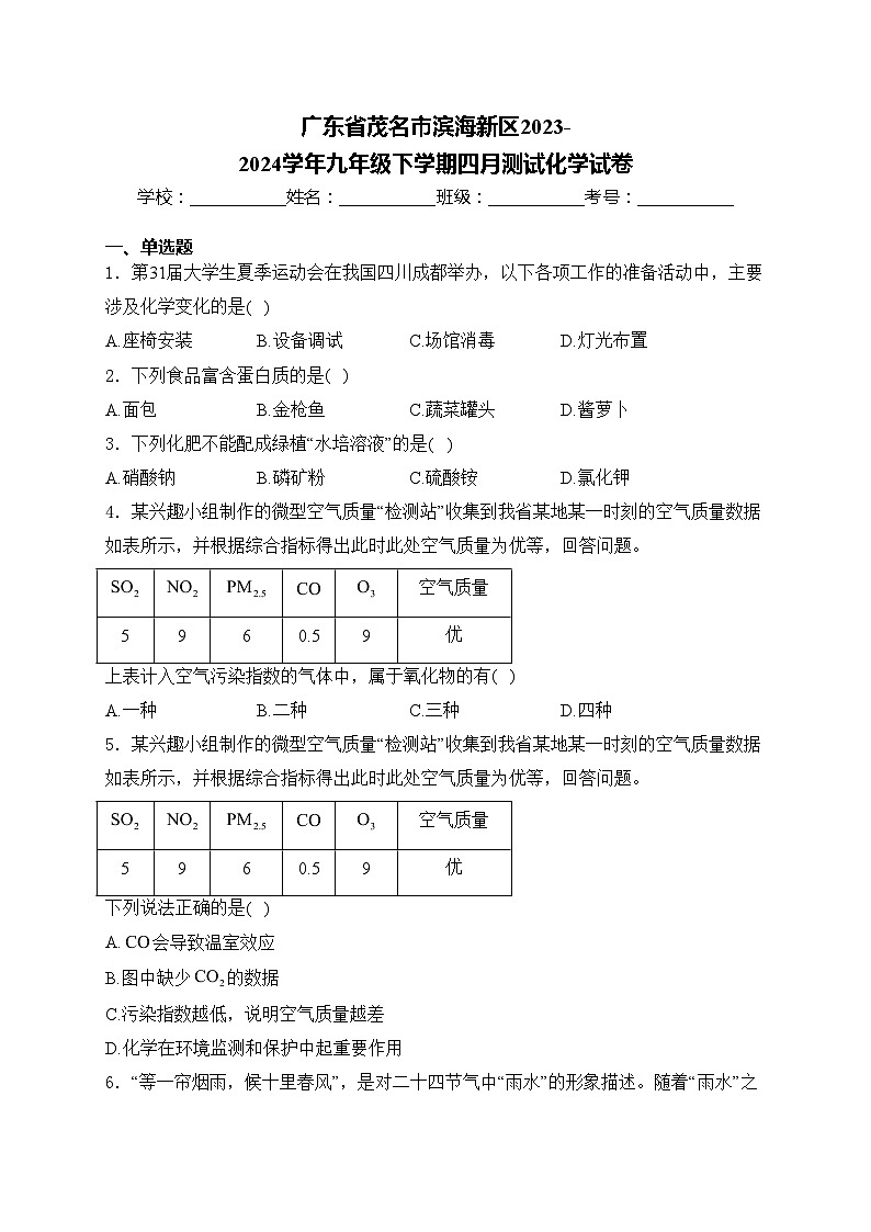 广东省茂名市滨海新区2023-2024学年九年级下学期四月测试化学试卷(含答案)第1页