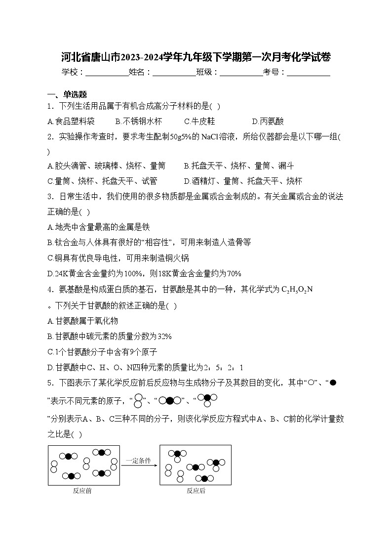 河北省唐山市2023-2024学年九年级下学期第一次月考化学试卷(含答案)第1页