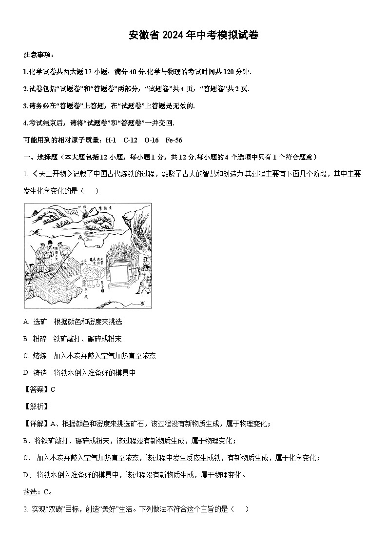 [化学]安徽省2024年中考模拟试卷(解析版)01