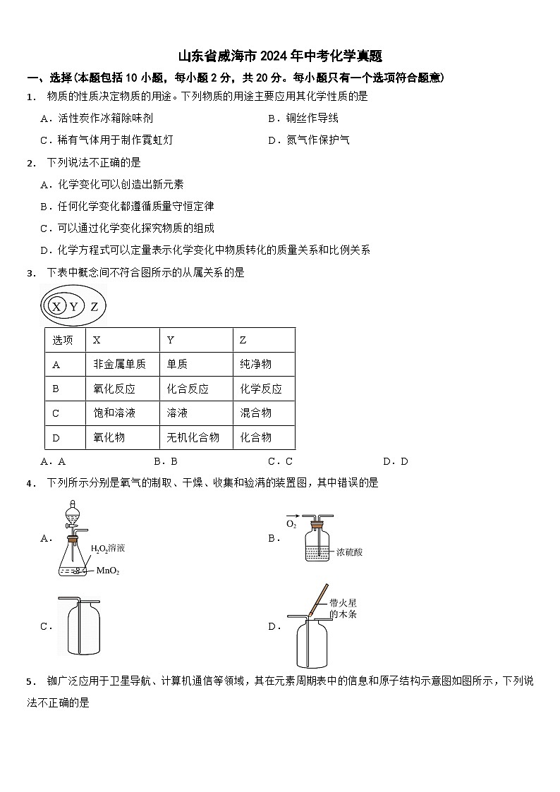 山东省威海市2024年中考化学真题【附真题答案】第1页