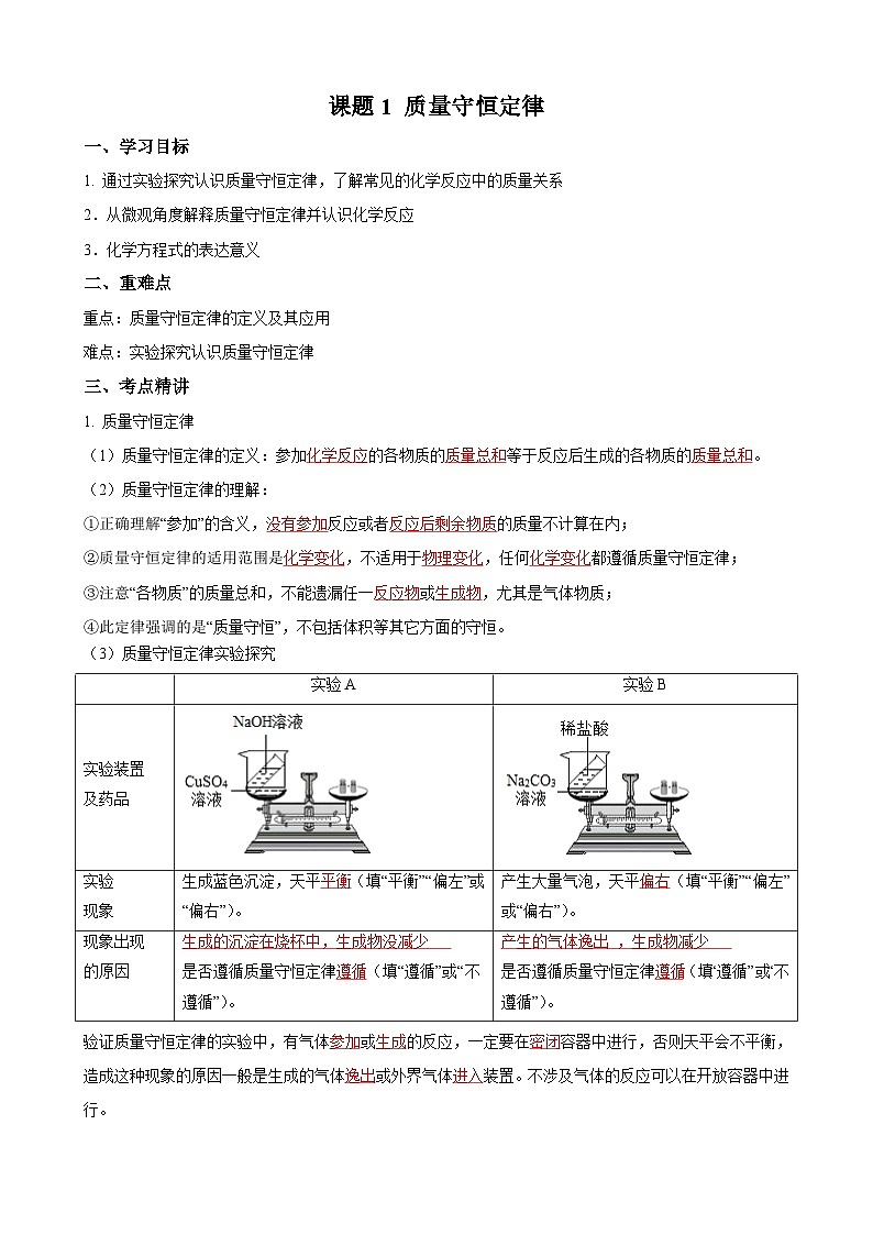 化学人教版九上同步课堂讲义：5.1 质量守恒定律01