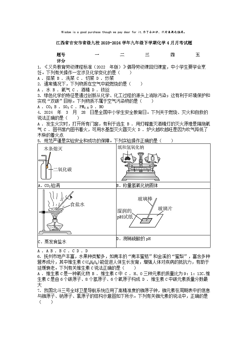 [化学]江西省吉安市省级九校2023-2024学年九年级下学期化学4月月考试题第1页