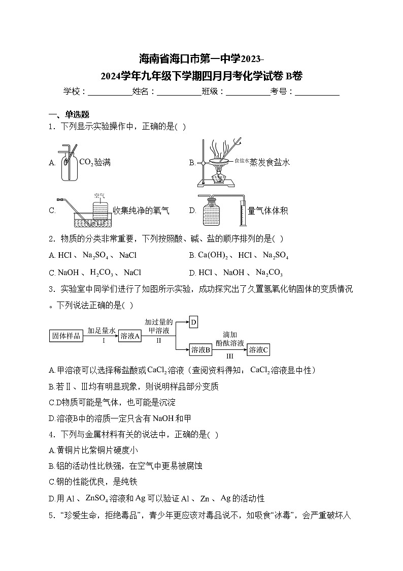 海南省海口市第一中学2023-2024学年九年级下学期四月月考化学试卷 B卷(含答案)01