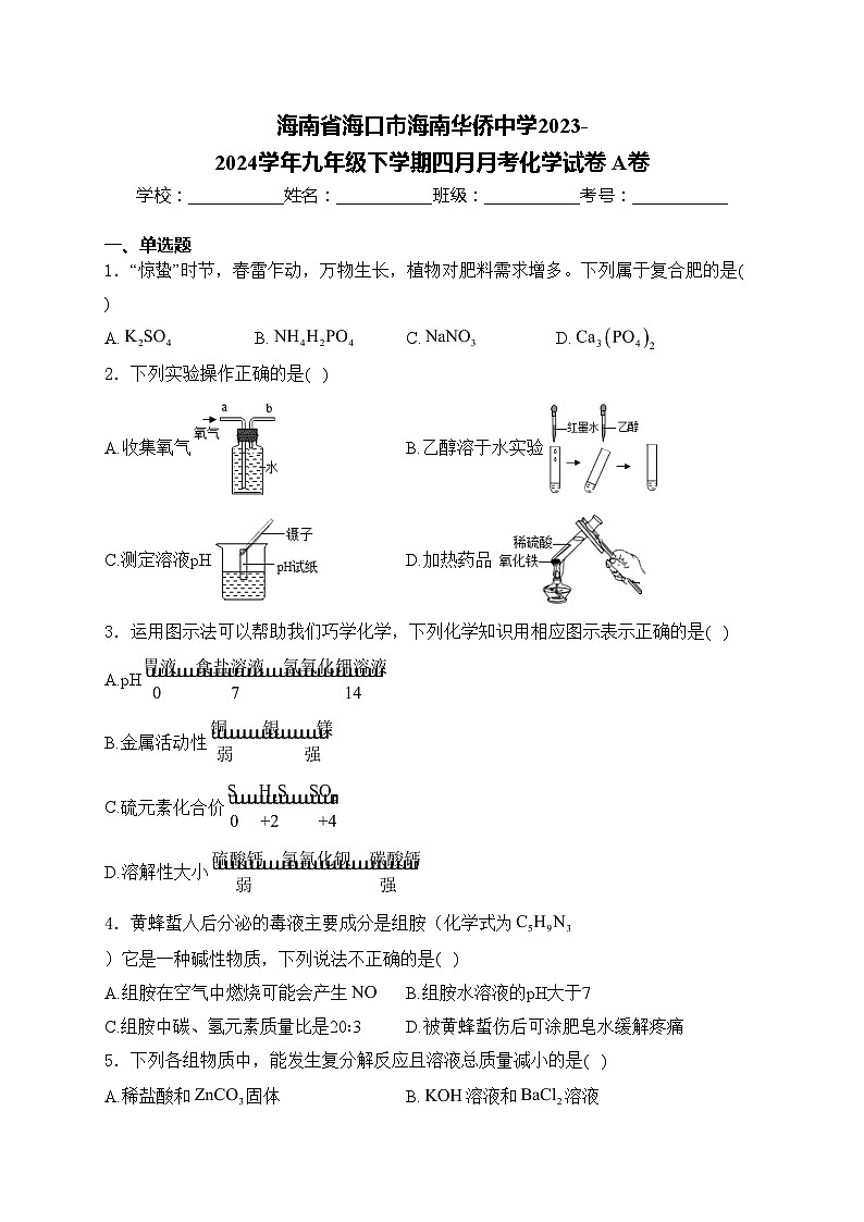 海南省海口市海南华侨中学2023-2024学年九年级下学期四月月考化学试卷 A卷(含答案)01