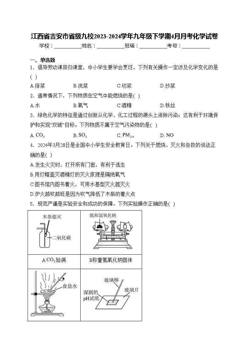 江西省吉安市省级九校2023-2024学年九年级下学期4月月考化学试卷(含答案)01
