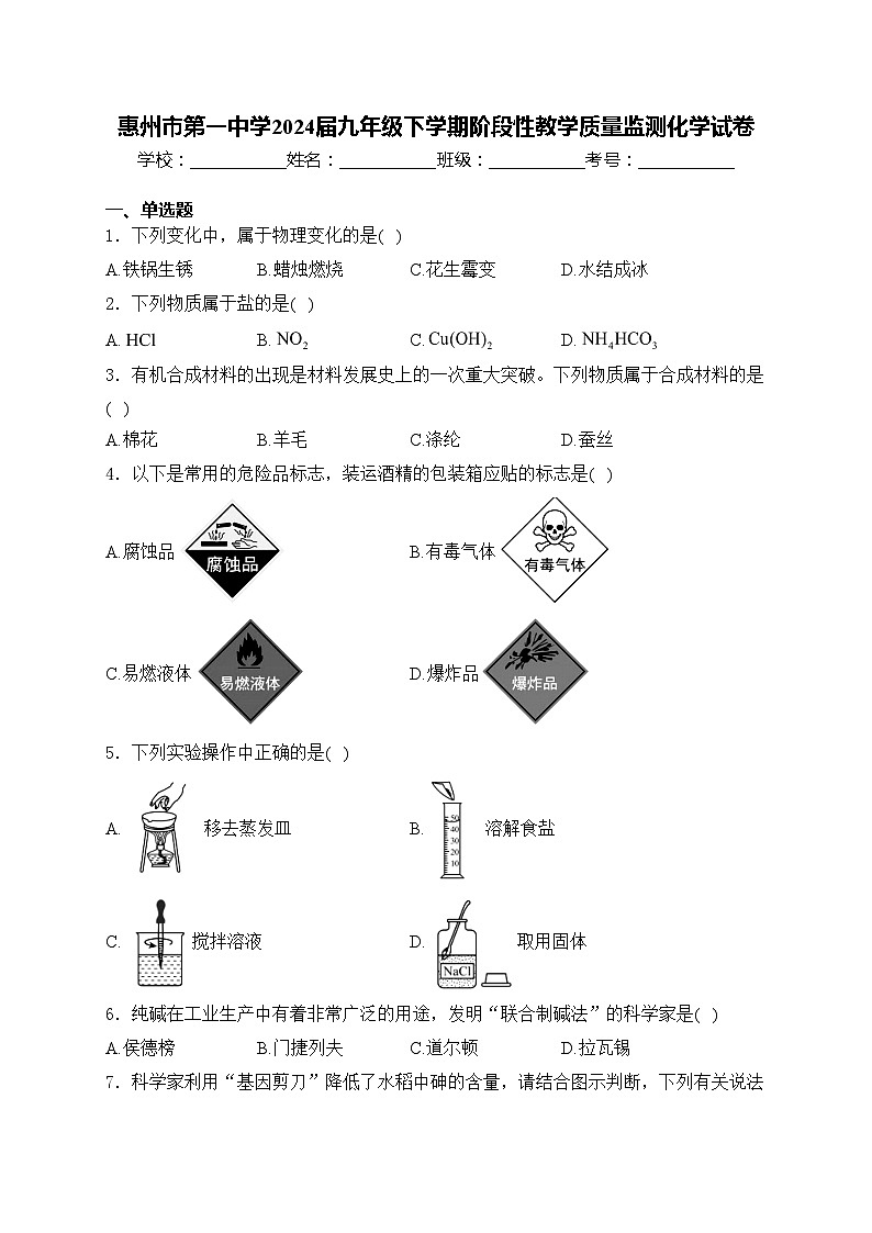 惠州市第一中学2024届九年级下学期阶段性教学质量监测化学试卷(含答案)第1页