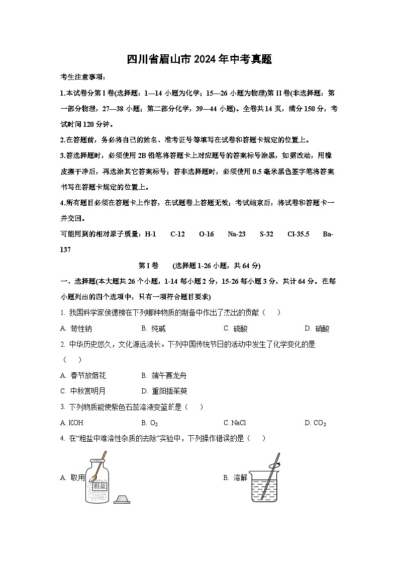 [化学]四川省眉山市2024年中考真题第1页