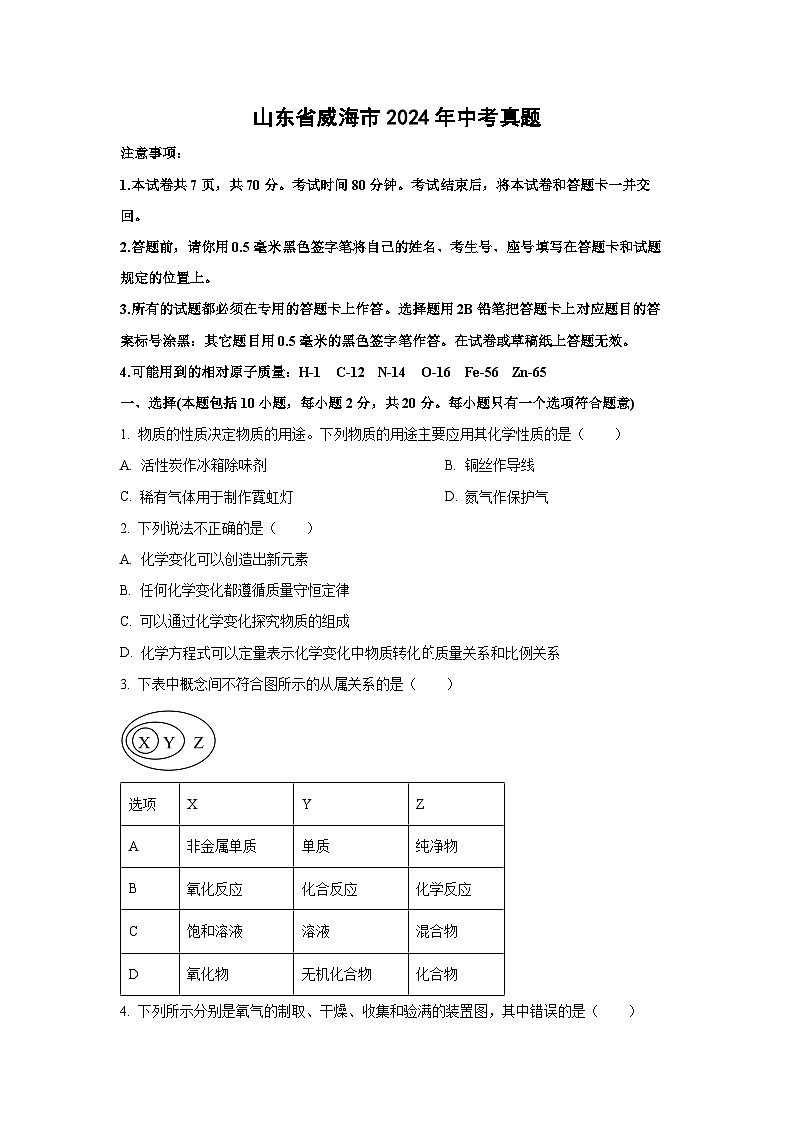 [化学]山东省威海市2024年中考真题01