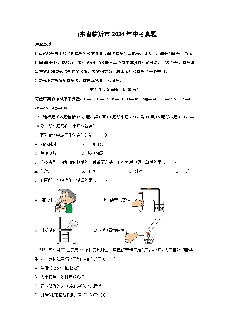 [化学]山东省临沂市2024年中考真题01