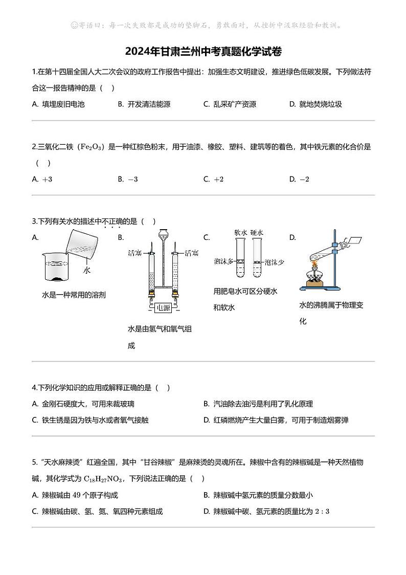 [化学]2024年甘肃兰州中考真题化学试卷01