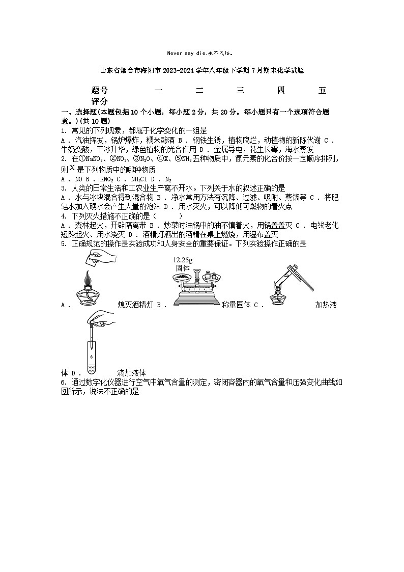 [化学][期末]山东省烟台市海阳市2023-2024学年八年级下学期7月期末化学试题01