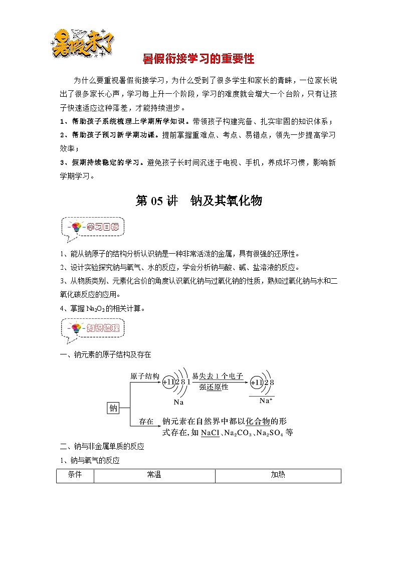 第05讲 钠及其氧化物-【暑假衔接】新高一化学暑假讲义+习题（人教版2019必修第一册）01