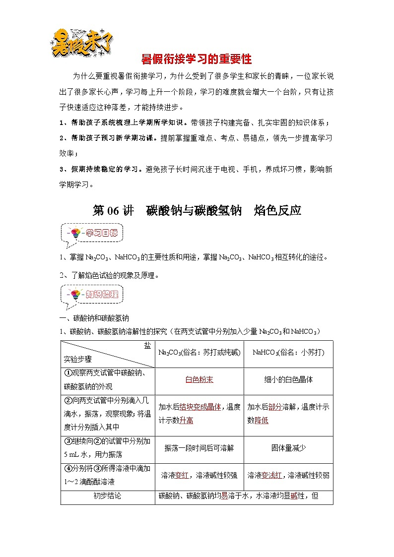 第06讲 碳酸钠与碳酸氢钠  焰色试验 -【暑假衔接】新高一化学暑假讲义+习题（人教版2019必修第一册）01
