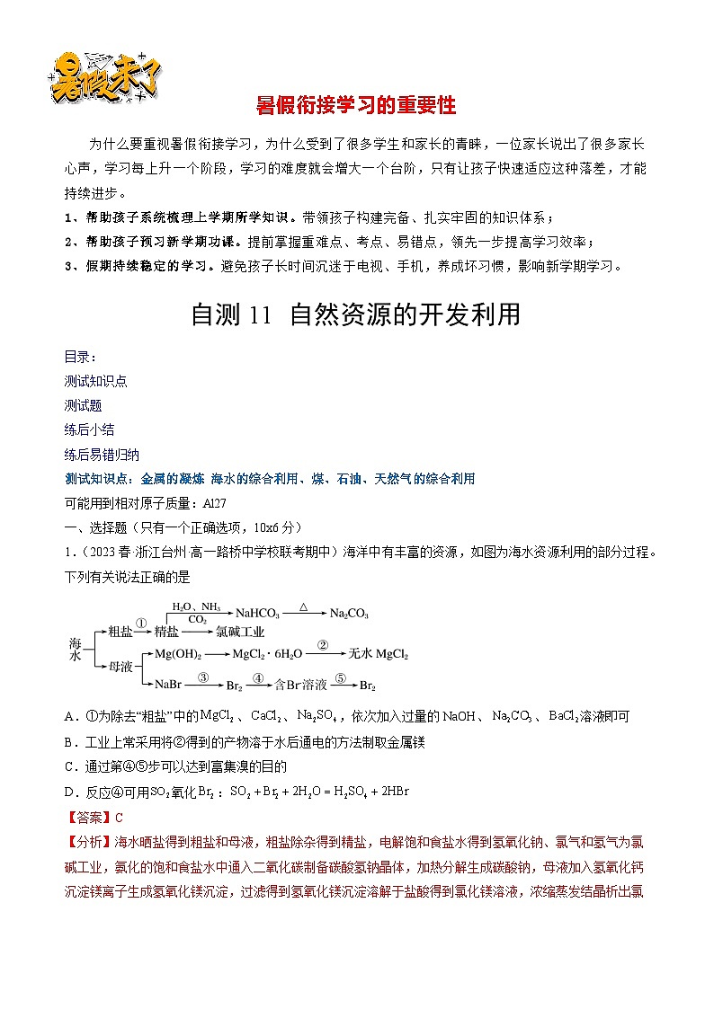 自测11 自然资源的开发利用-【刷透假期】高一化学暑假作业自测+预习自学（人教版2019）(解析版)第1页