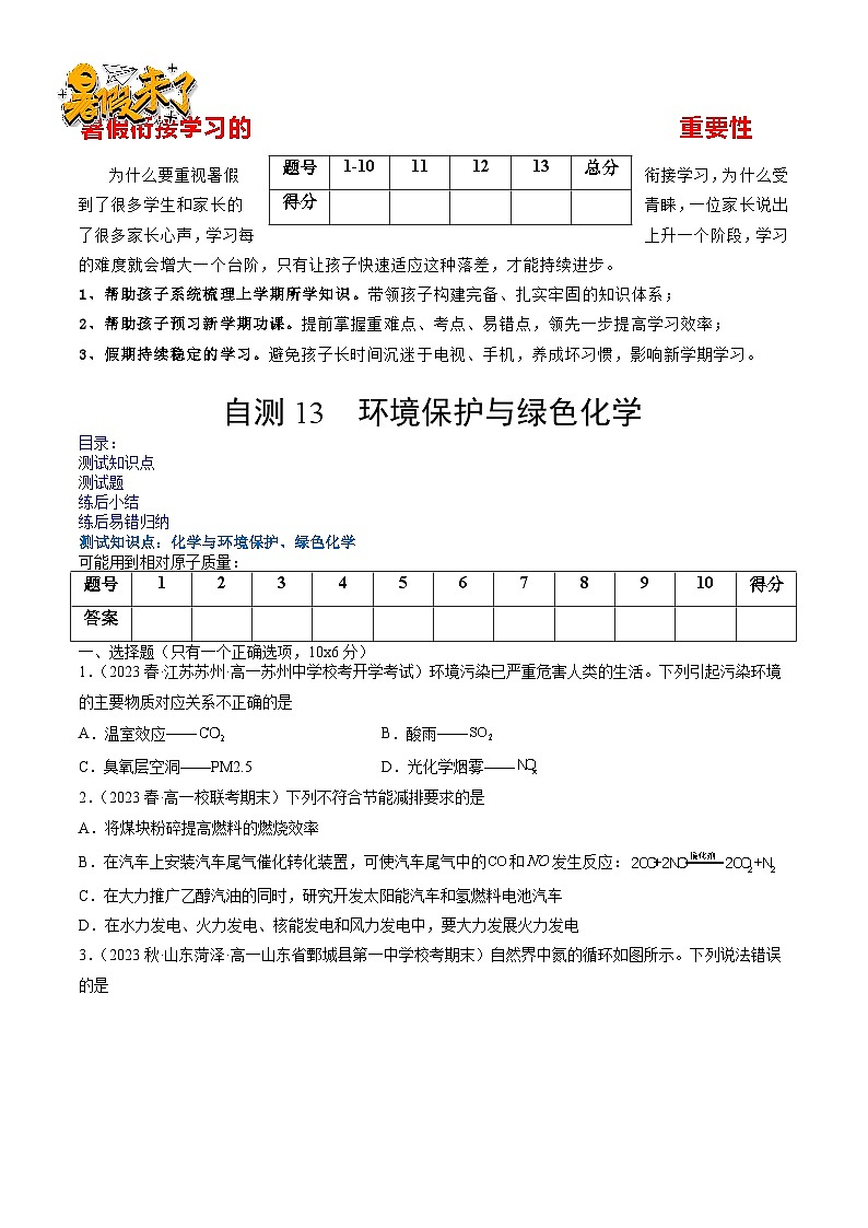 自测13 环境保护与绿色化学-【刷透假期】高一化学暑假作业自测+预习自学（人教版2019）(原卷版)第1页