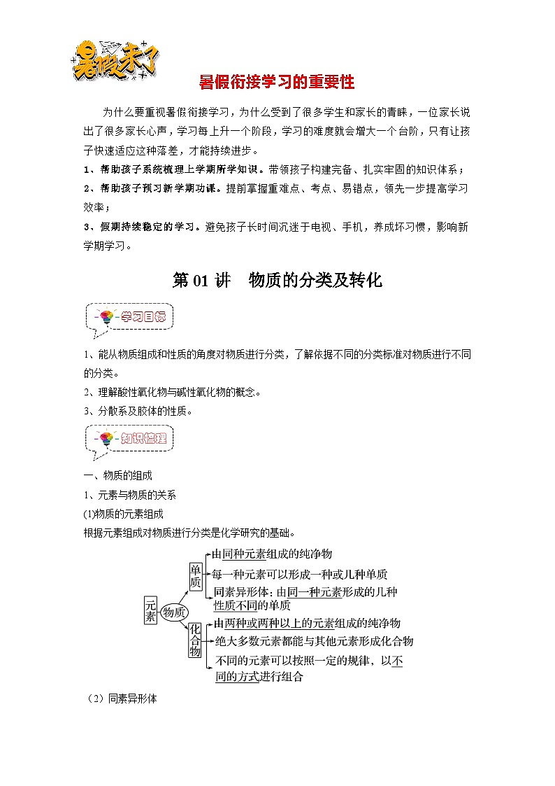 第01讲 物质的分类及转化-【暑假弯道超车】新高一化学暑假讲义+习题（人教版2019必修第一册）（解析版）第1页
