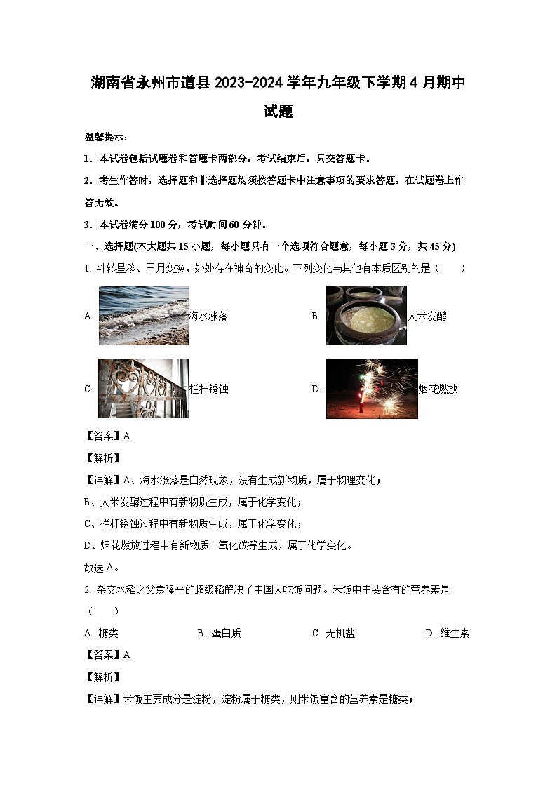 [化学][期中]湖南省永州市道县2023-2024学年九年级下学期4月期中试题(解析版)01