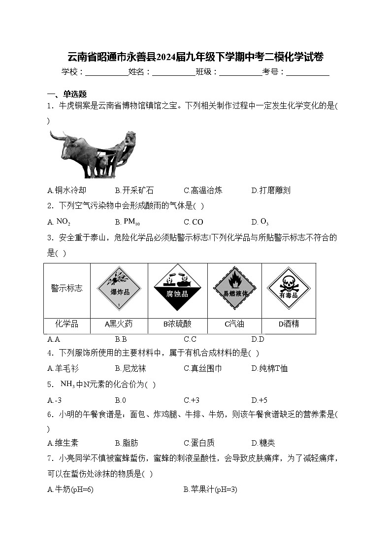 云南省昭通市永善县2024届九年级下学期中考二模化学试卷(含答案)01