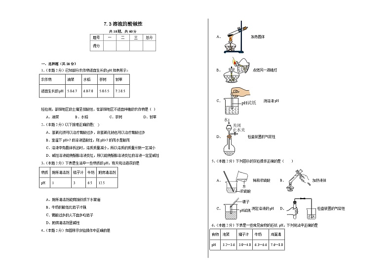 7.3溶液的酸碱性同步练习 鲁教版化学九年级下册01