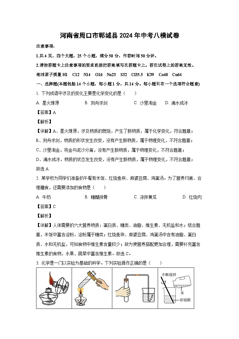 [化学]河南省周口市郸城县2024年中考第八次模拟试卷(解析版)第1页