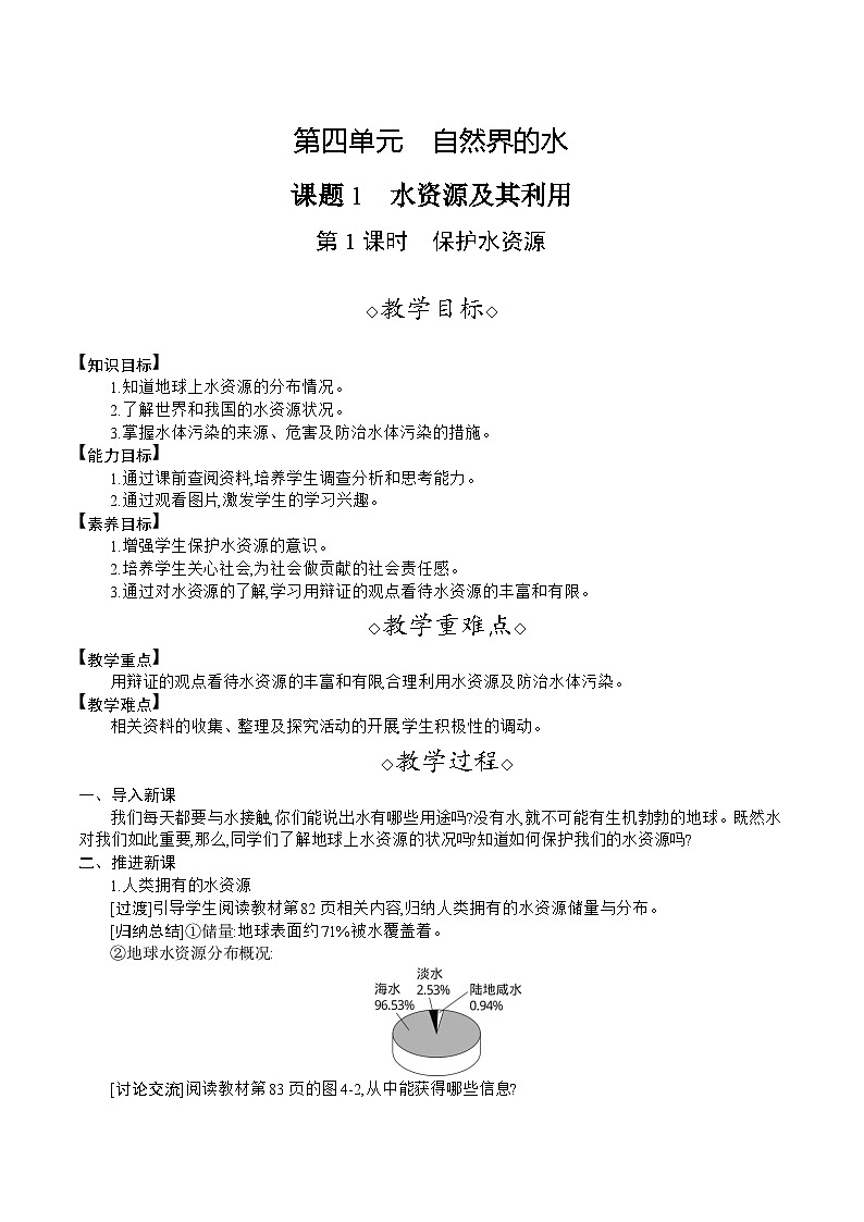 人教版（2024）九年级化学上册教案 4.1  第1课时  保护水资源01