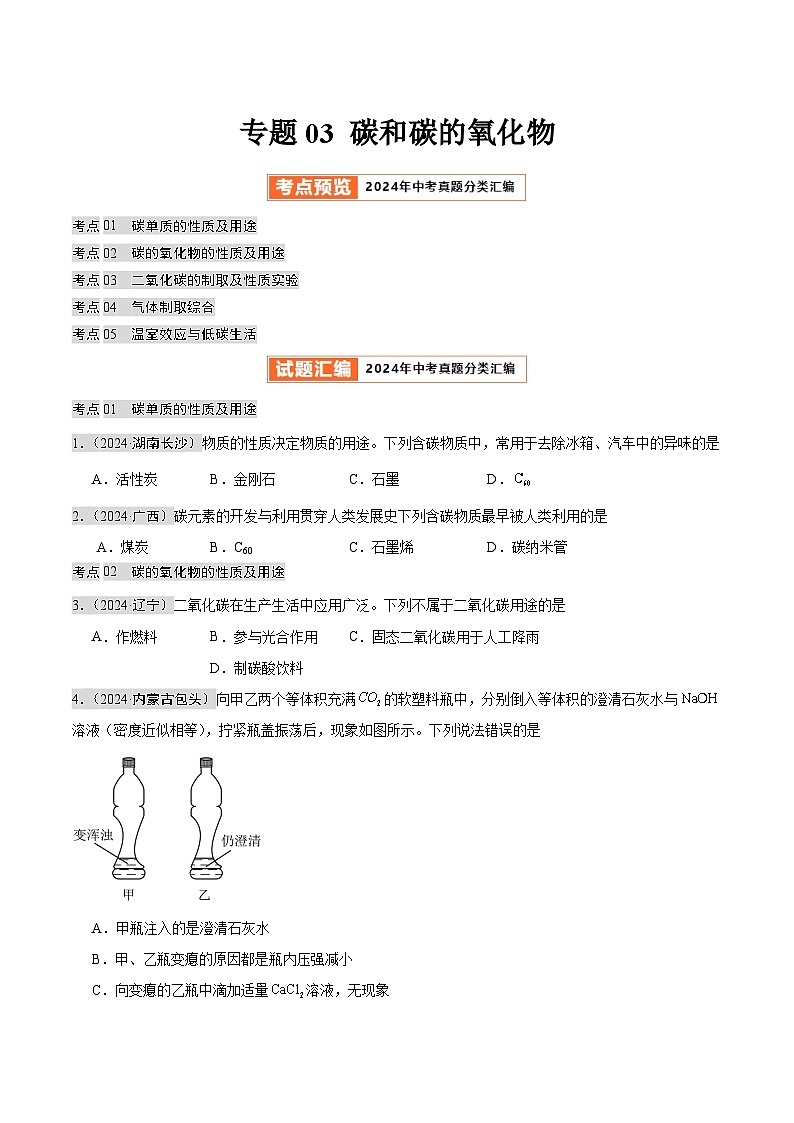 2024年中考化学真题分类汇编（全国通用）专题03 碳和碳的氧化物（第02期）（原卷版）第1页