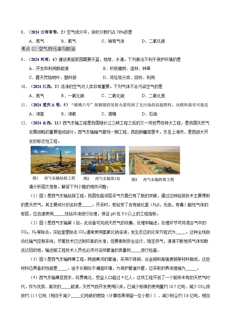 2024年中考化学真题分类汇编（全国通用）专题03 空气（第01期）（原卷版）02