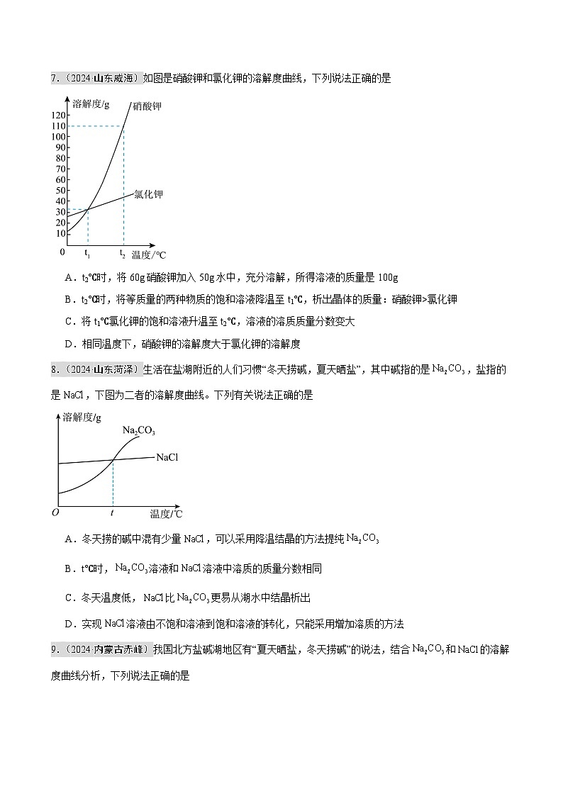 2024年中考化学真题分类汇编（全国通用）专题05 溶液（第02期）（原卷版）03