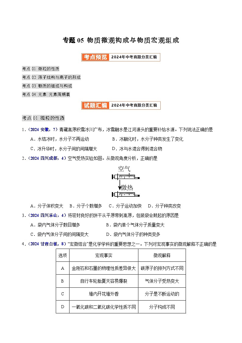 2024年中考化学真题分类汇编（全国通用）专题05 物质微观构成与物质宏观组成（第01期）（原卷版）第1页