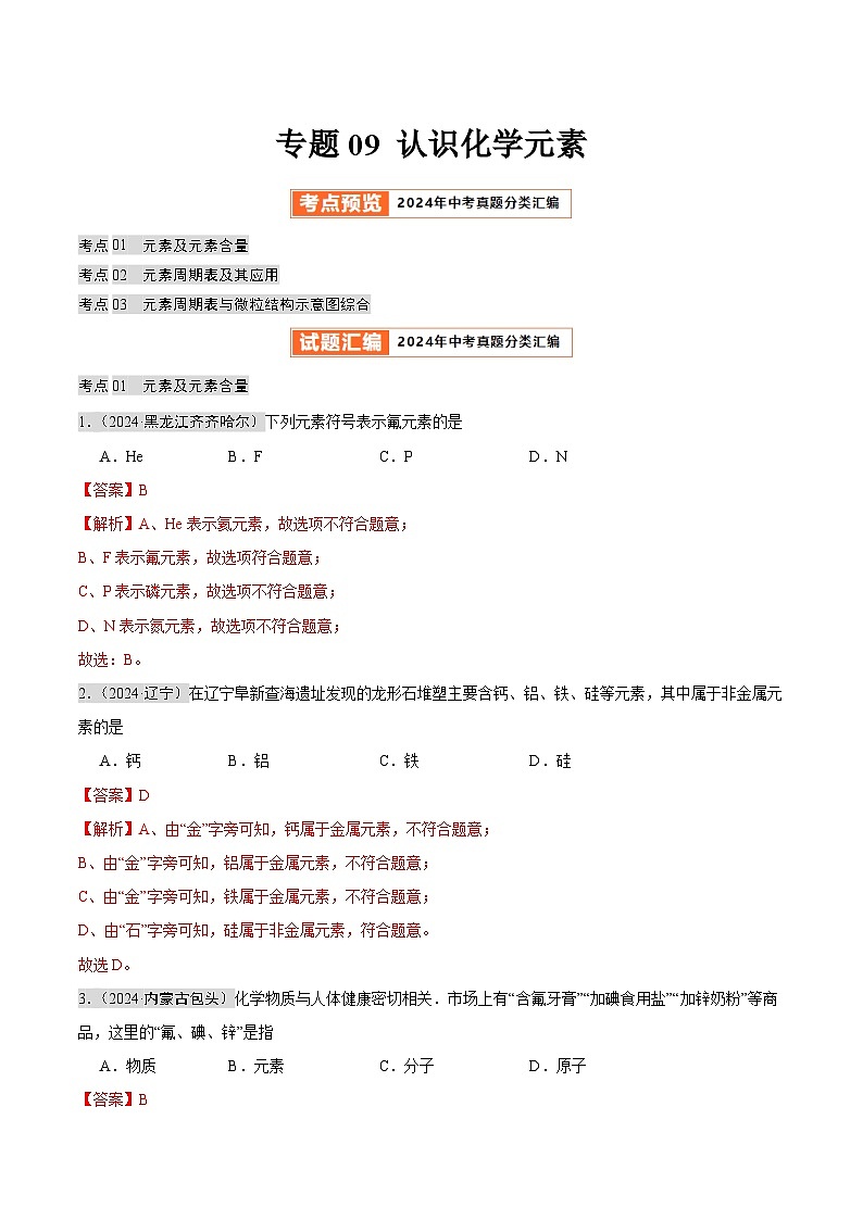 2024年中考化学真题分类汇编（全国通用）专题09 认识化学元素（第02期）（解析版）01