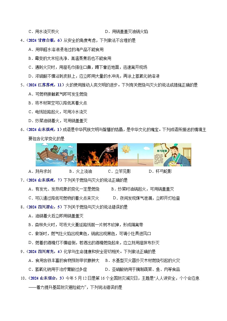 2024年中考化学真题分类汇编（全国通用）专题10  化学与能源（第01期）（原卷版）02