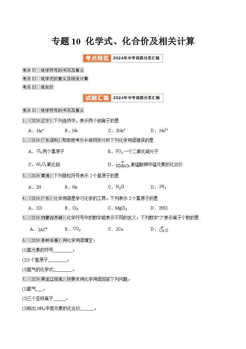 2024年中考化学真题分类汇编（全国通用）专题10 化学式、化合价及相关计算（第02期）（原卷版）01