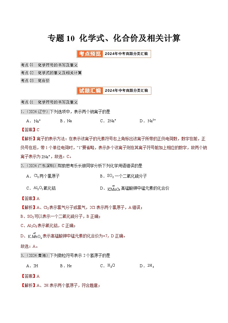 2024年中考化学真题分类汇编（全国通用）专题10 化学式、化合价及相关计算（第02期）（解析版）01
