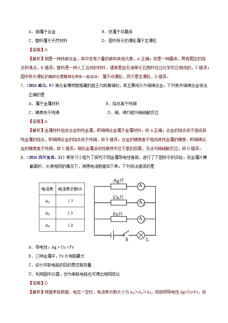 2024年中考化学真题分类汇编（全国通用）专题11  金属与金属材料（第01期）（解析版）第3页
