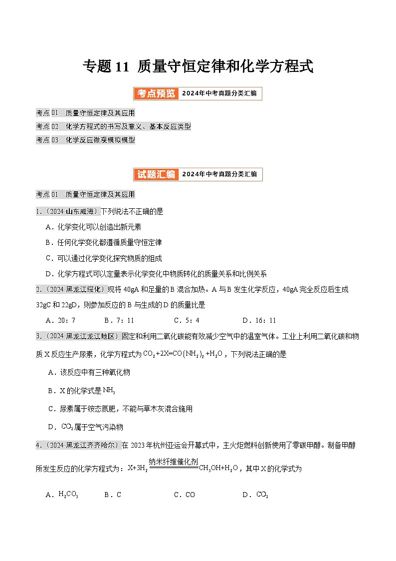 2024年中考化学真题分类汇编（全国通用）专题11 质量守恒定律和化学方程式（第02期）（原卷版）第1页