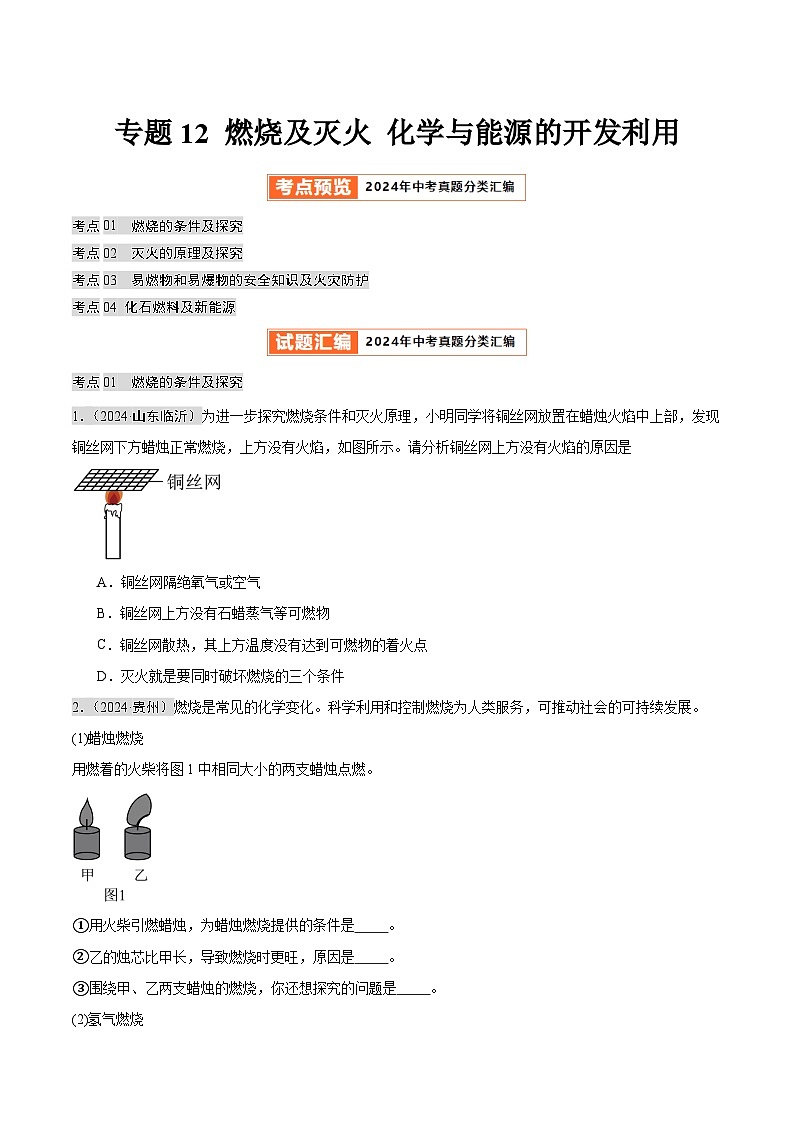 2024年中考化学真题分类汇编（全国通用）专题12 燃烧及灭火 化学与能源的开发利用（第02期）（原卷版）01