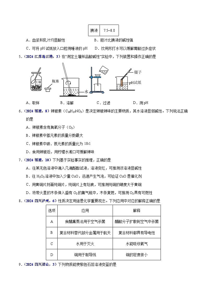 2024年中考化学真题分类汇编（全国通用）专题13  酸碱盐的性质（第01期）（原卷版）02