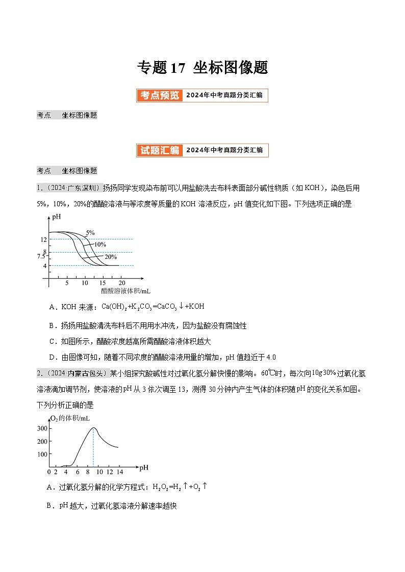 2024年中考化学真题分类汇编（全国通用）专题17 坐标图像题（第02期）（原卷版）01