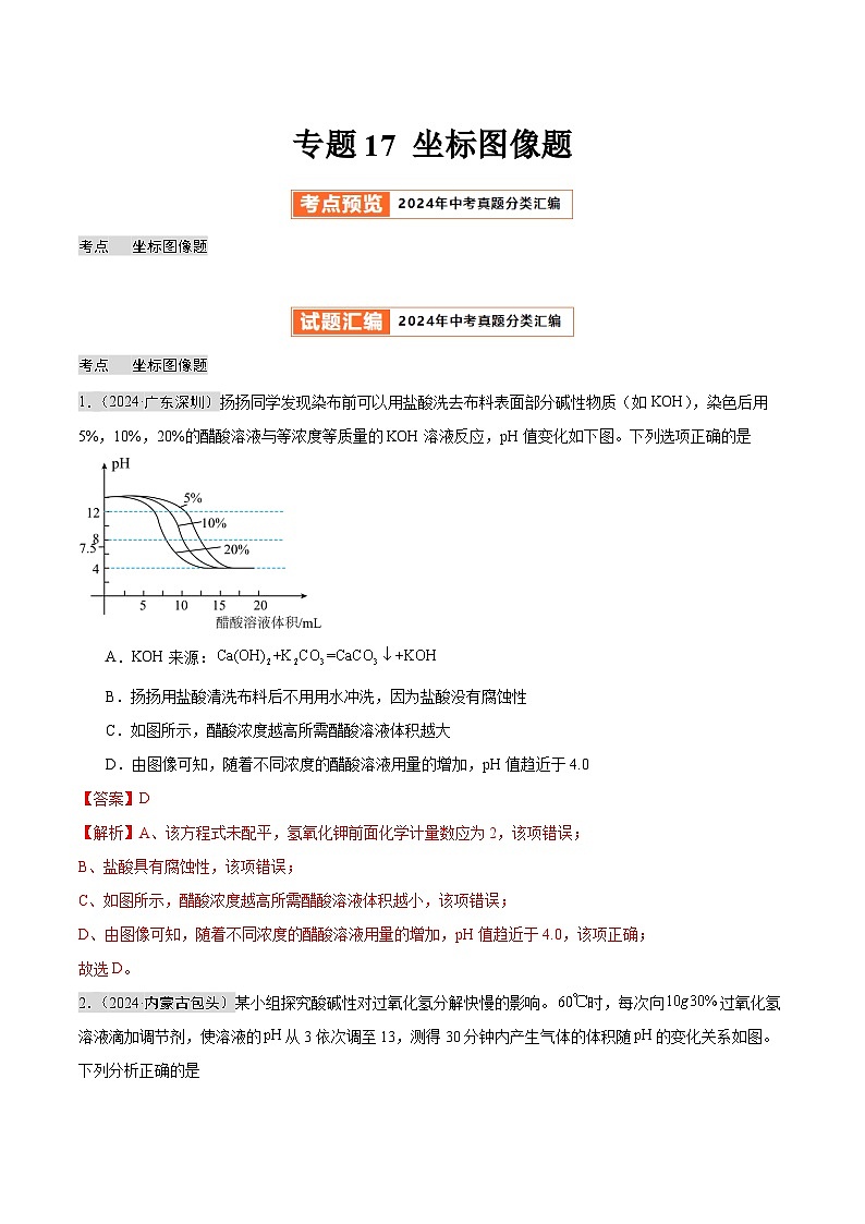 2024年中考化学真题分类汇编（全国通用）专题17 坐标图像题（第02期）（解析版）01