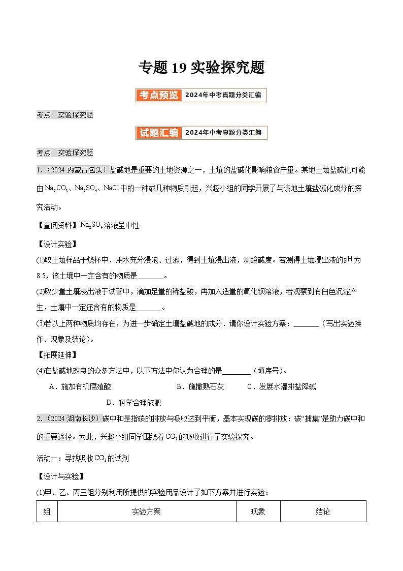 2024年中考化学真题分类汇编（全国通用）专题19 实验探究题（第02期）（原卷版）01